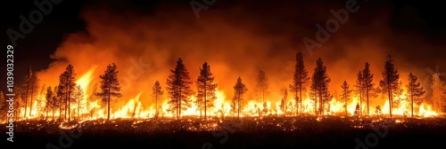 Intense wildfire raging across forest landscape during nighttime in a remote area photo