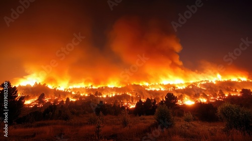 Wildfire illuminated by flames spreads across the landscape at night in a rural area