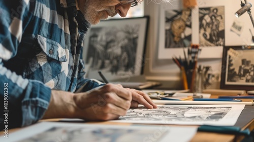 An illustrator working on a comic book panel at a drafting table photo