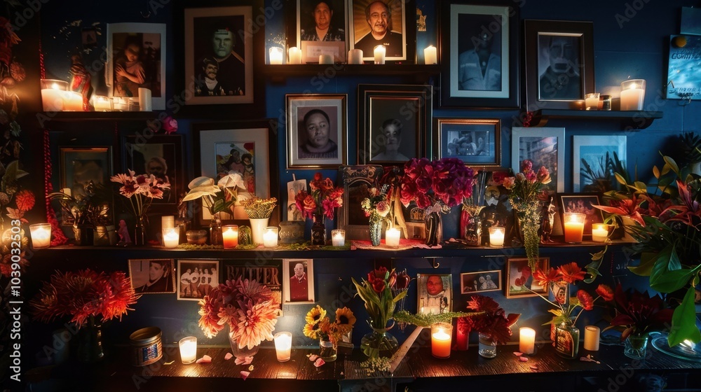 Memorial Altar with Candles and Flowers Honoring the Deceased Memorial Altar with Candles and Flowers Honoring the Deceased