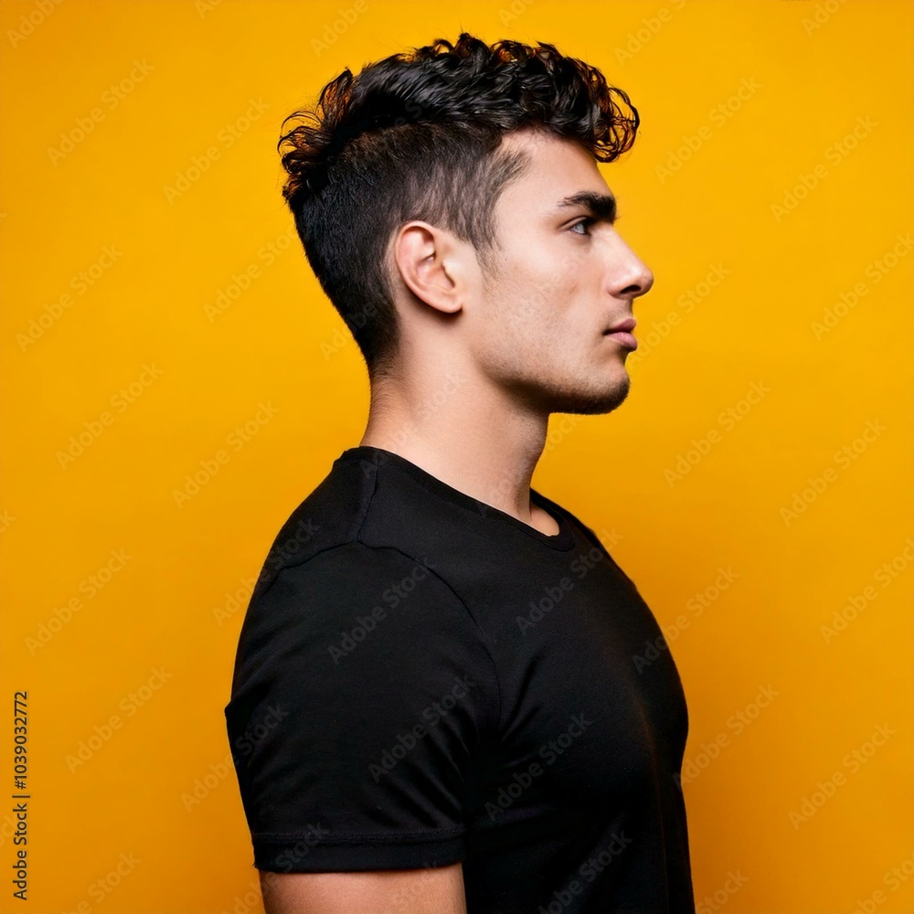side-profile of a young man wearing a black t-shirt
