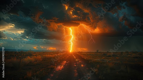 Thunder and lightning over the field. The natural phenomenon of lightning photo