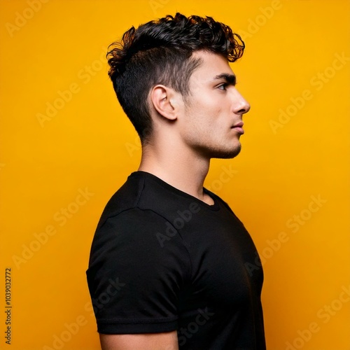 Obraz na płótnie side-profile of a young man wearing a black t-shirt w salonie