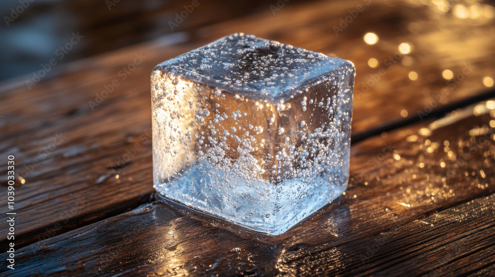 A close-up shot of a crystal-clear ice cube placed on a wooden table A close-up shot of a crystal-clear ice cube placed on a wooden table