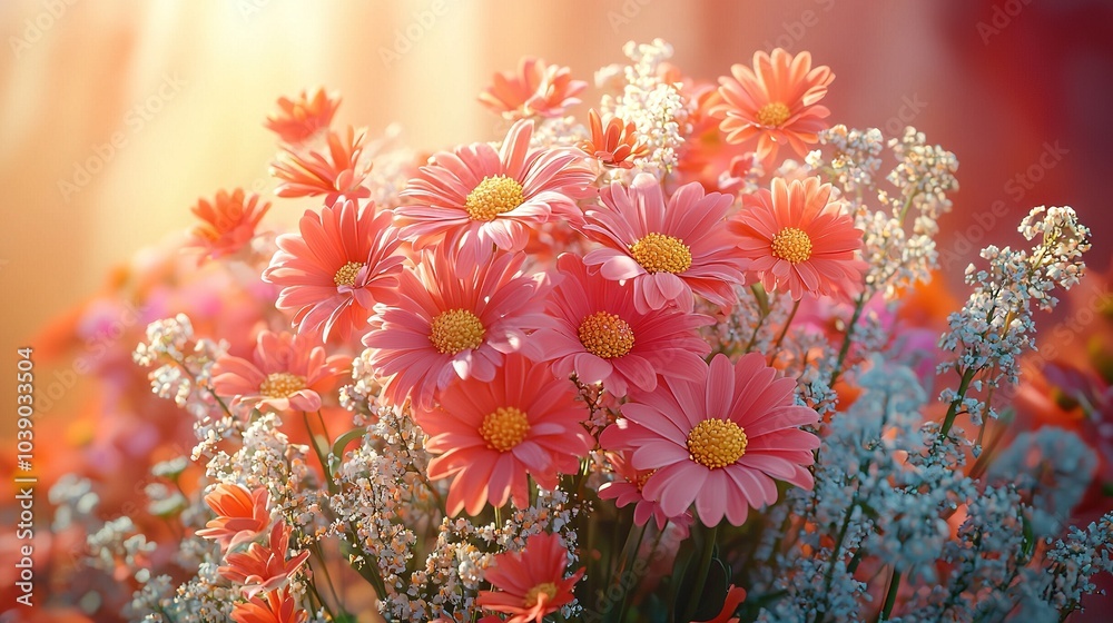 Pink and yellow flowers arranged in a vase with baby's breath at its center in the photograph Pink and yellow flowers arranged in a vase with baby's breath at its center in the photograph