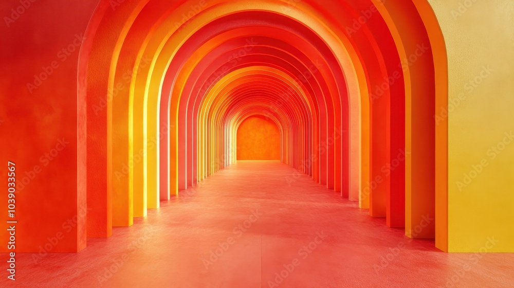 A vibrant and abstract rainbow arch in orange and red tones, creating a stunning visual pathway towards a warm ambiance.