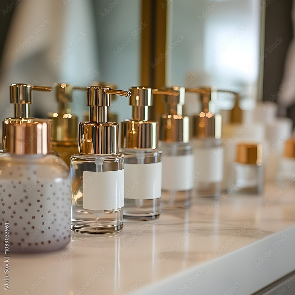 a line of small glass cosmetic bottles with pumps on a counter of the bathroom a line of small glass cosmetic bottles with pumps on a counter of the bathroom