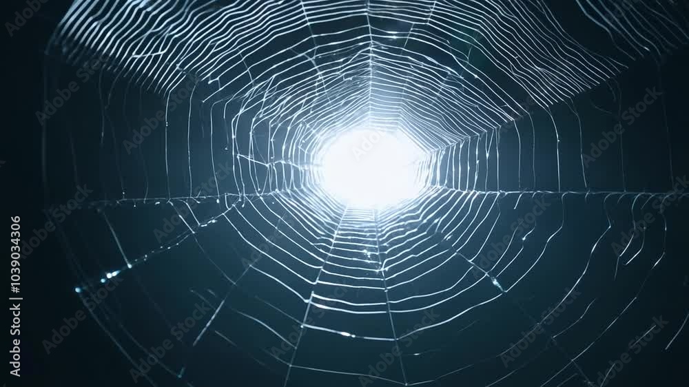 A spiderweb with intricate details illuminated by light in the center against a dark background. A spiderweb with intricate details illuminated by light in the center against a dark background.