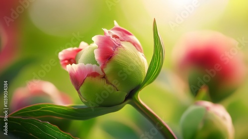 Close-up of a Pink and Green Peony Bud Unfolding