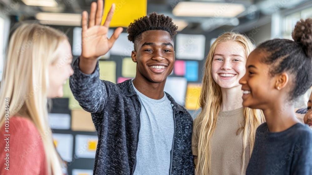 Fototapeta premium Friendly Group of Teens Smiling and Greeting Together