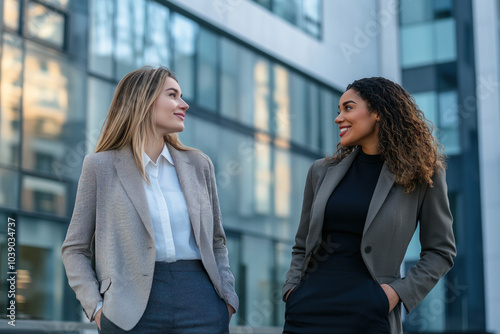 Two women in business attire talking outside.