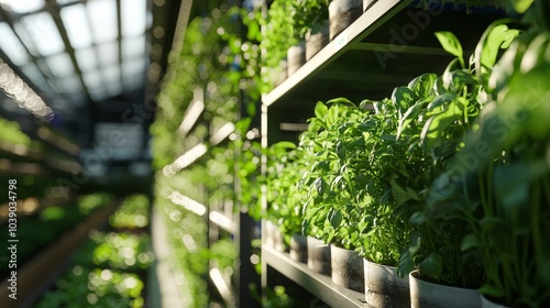 A wide-angle shot of a vertical farm producing herbs and vegetables for urban markets, with minimal environmental impact photo