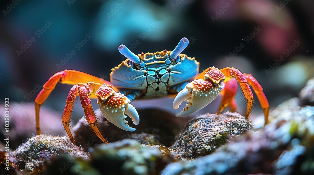 A red crab or fiddler crab hiding among rocks or coral reefs