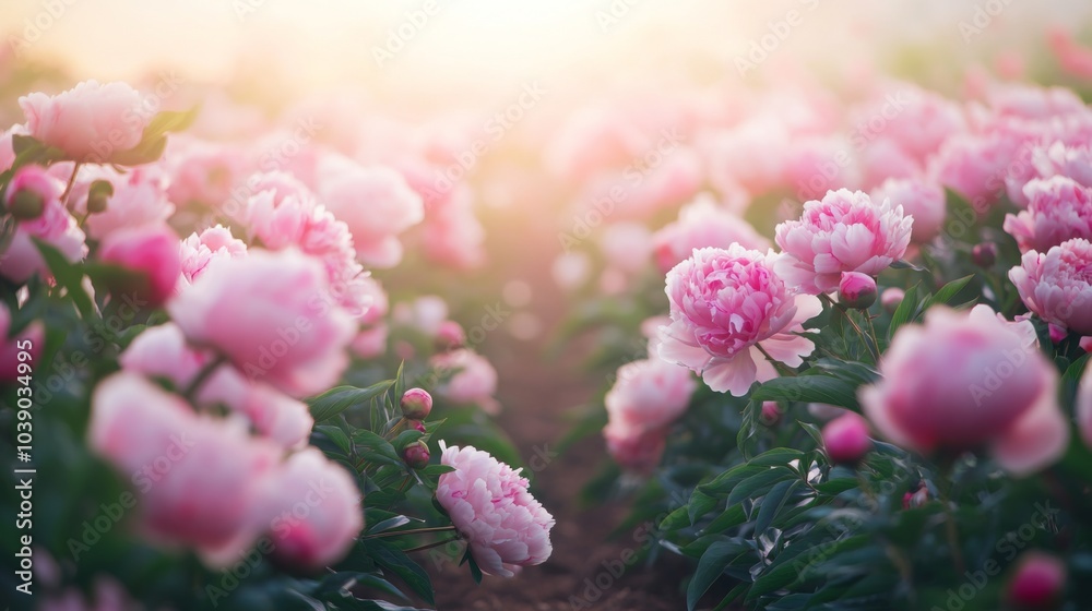 Pink Peonies Blooming in a Field at Sunset Pink Peonies Blooming in a Field at Sunset