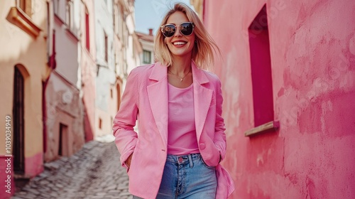 Stylish Woman in Pink Blazer on Colorful Street