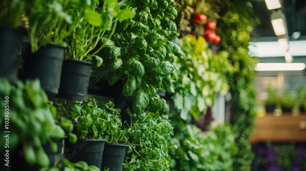 A wide-angle shot of a vertical hydroponic system growing various herbs and vegetables in a compact urban environment A wide-angle shot of a vertical hydroponic system growing various herbs and vegetables in a compact urban environment