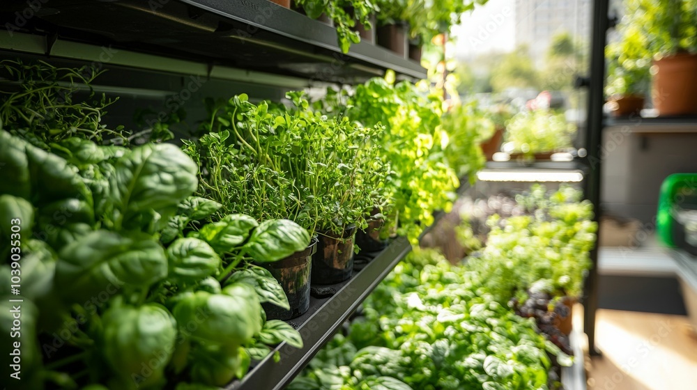 A wide-angle shot of a vertical hydroponic system growing various herbs and vegetables in a compact urban environment A wide-angle shot of a vertical hydroponic system growing various herbs and vegetables in a compact urban environment