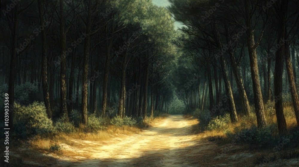 Naklejka premium A winding dirt path through a dense pine forest, with sunlight illuminating the path