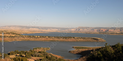 Panoramic view of Abiquiu Lake, an Army Corps of Engineers reservoir in northern New Mexico, with Ghost Ranch at far right in distance