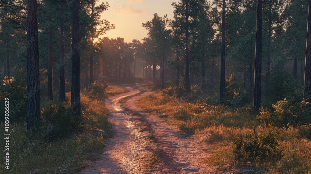 Fototapeta premium A Serene Path Through a Sun-Drenched Pine Forest