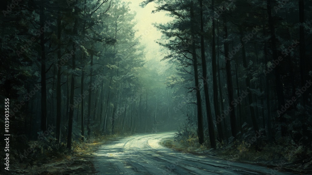 Obraz premium A Winding Road Through a Dark and Foggy Forest