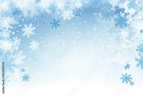 Abstract snowflakes and snow on watercolor background, pastel blue color palette