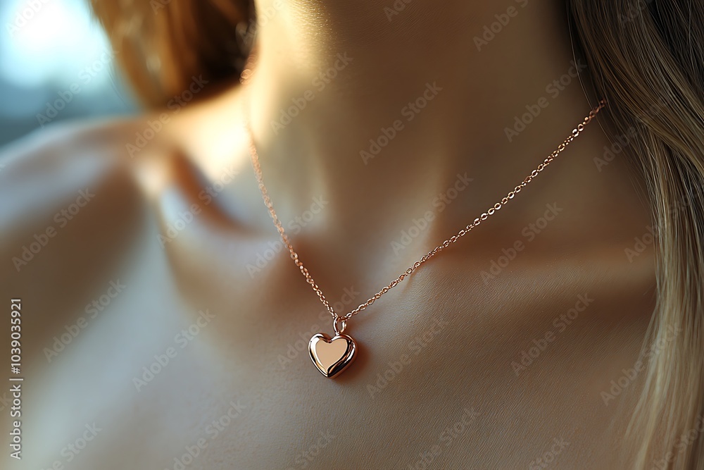 A woman's neck adorned with a delicate rose gold heart pendant necklace. A woman's neck adorned with a delicate rose gold heart pendant necklace.