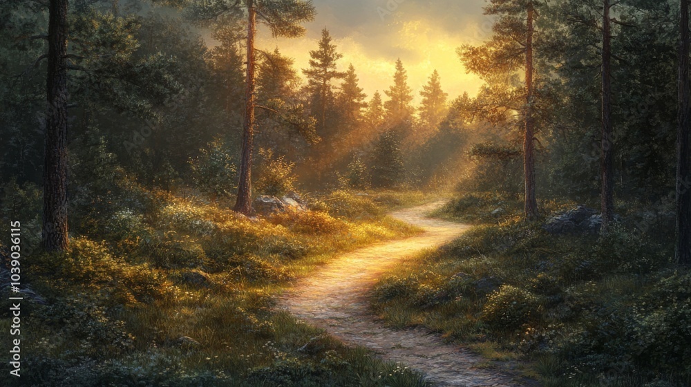 Obraz premium A Sunlit Path Through A Misty Forest