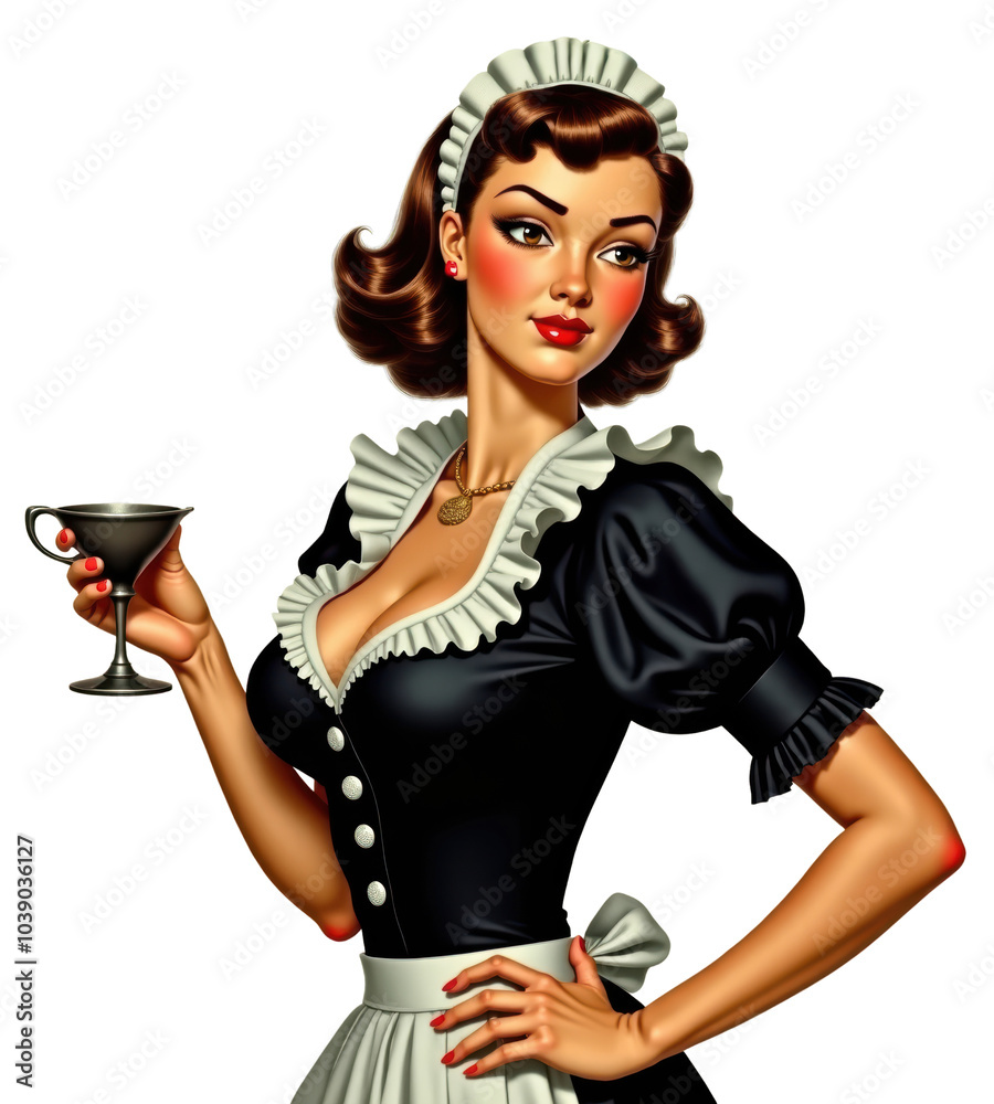 Retro illustration of a glamorous pin-up maid in a classic outfit, elegantly holding a martini glass. Evokes vintage charm, sophistication, and nostalgia. Retro illustration of a glamorous pin-up maid in a classic outfit, elegantly holding a martini glass. Evokes vintage charm, sophistication, and nostalgia.