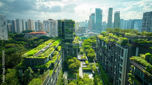 A wide-angle view of a cityscape with green rooftops and vertical gardens, integrating urban agriculture into the environment photo