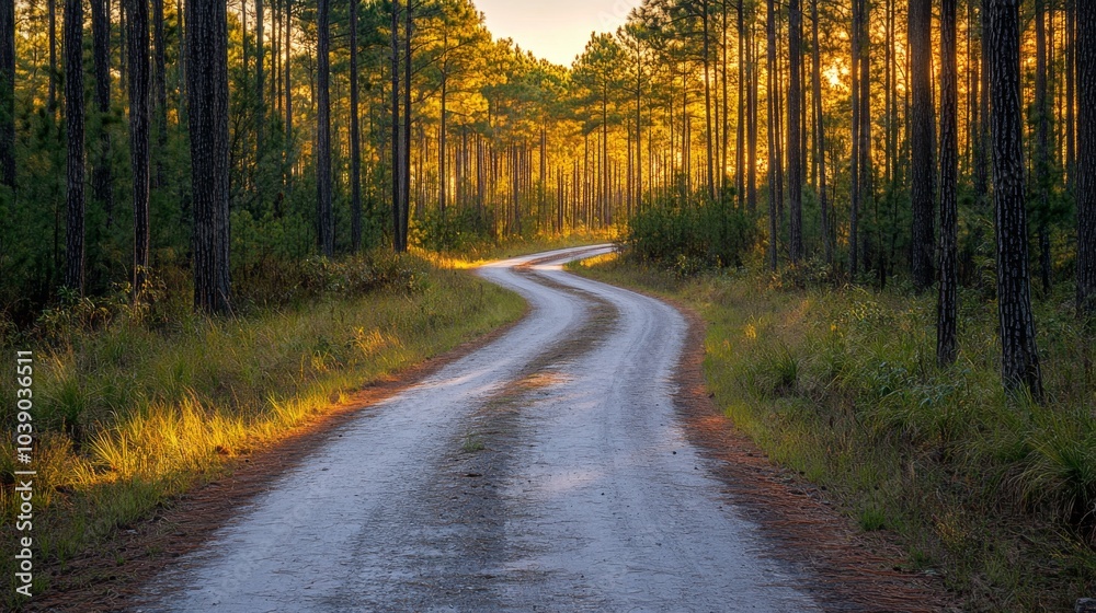 Obraz premium Winding Dirt Road Through a Pine Forest at Sunset