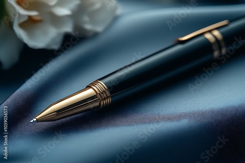 A luxurious blue and gold pen rests on a blue fabric.