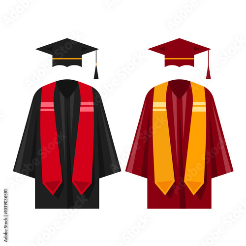 Set of University College Graduation Dress Gown Hat Clothing Element Illustration