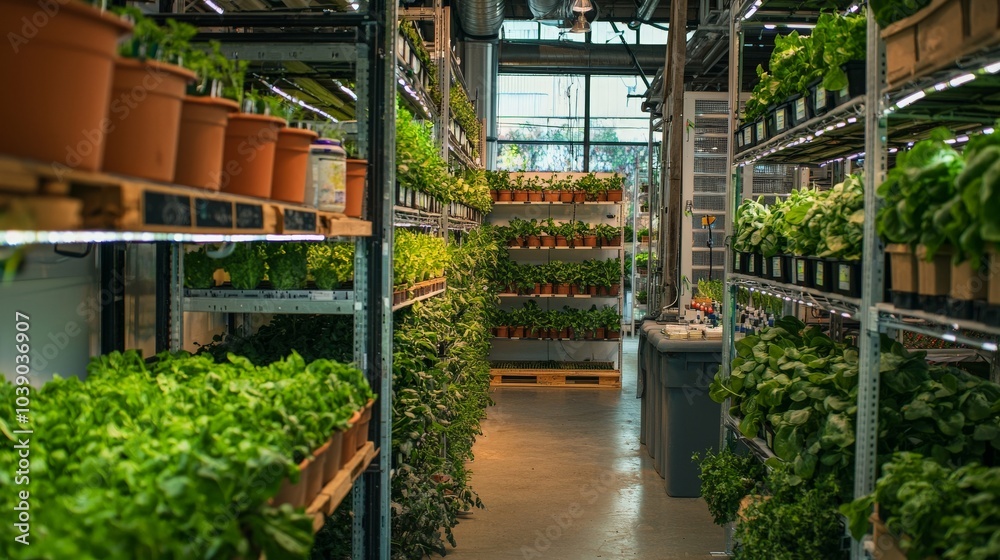 A wide-angle view of a vertical farm inside a repurposed industrial building, with stacks of fresh produce growing efficiently A wide-angle view of a vertical farm inside a repurposed industrial building, with stacks of fresh produce growing efficiently