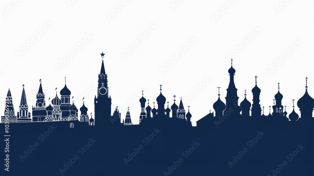 Fototapeta premium Silhouette of Yaroslavl's historic skyline with iconic Russian Orthodox church domes and spires in art style