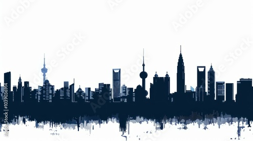 Jakarta skyline silhouette with modern skyscrapers and urban buildings, on white background, abstract reflection.