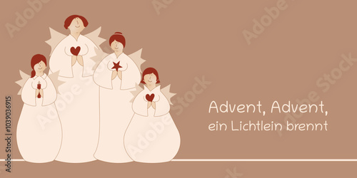 Advent, Advent, ein Lichtlein brennt - Schriftzug in deutscher Sprache. Grußkarte mit vier niedlichen Engeln mit Kerzen, Herz und Stern. 