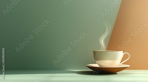 A steaming cup of tea sits on its saucer, with tendrils of steam swirling upwards in a tranquil, softly illuminated environment. Generative AI photo