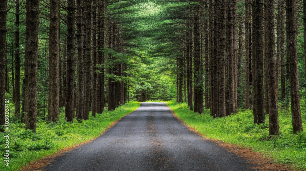 Fototapeta premium A Road Through a Dense Forest of Tall Pine Trees