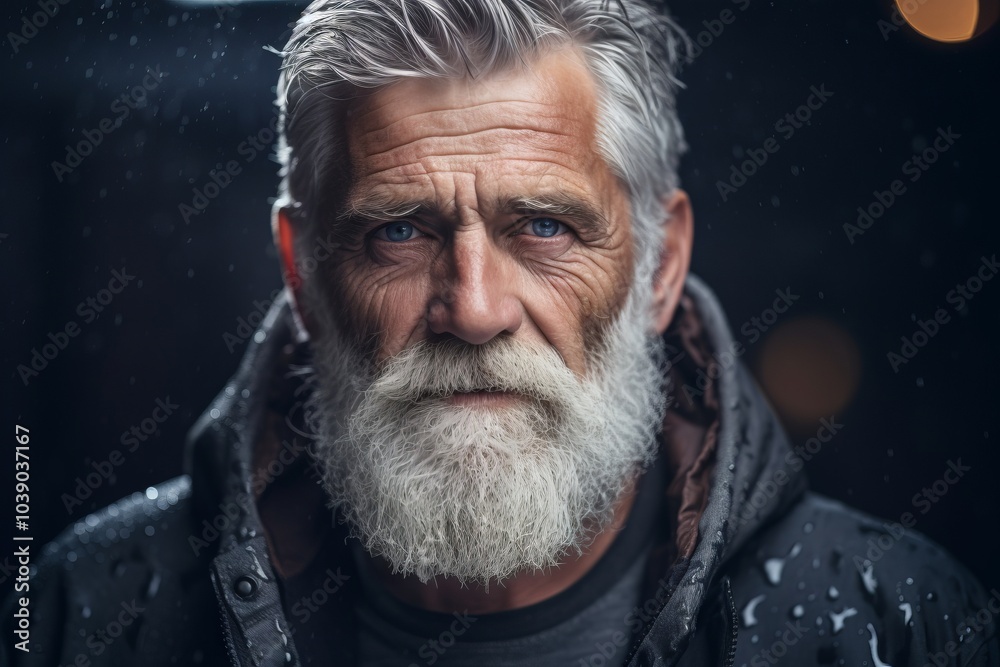 Portrait of an old man with a gray beard and mustache in the rain. Portrait of an old man with a gray beard and mustache in the rain.