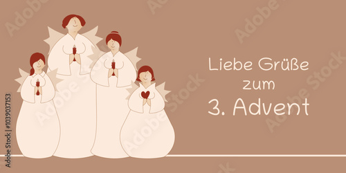 Liebe Grüße zum 3. Advent - Schriftzug in deutscher Sprache. Grußkarte mit vier niedlichen Engeln mit Kerzen und Herz.