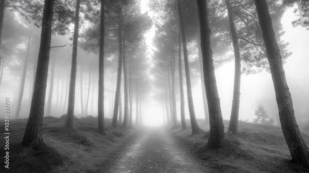 Naklejka premium Foggy Forest Path with Tall Trees