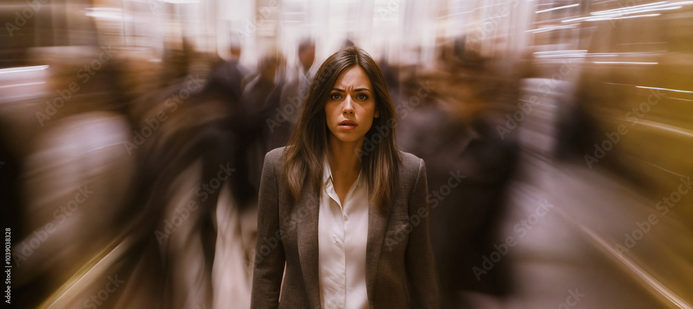 A woman walking in a bustling urban setting symbolizing city life and activity of a powerful woman