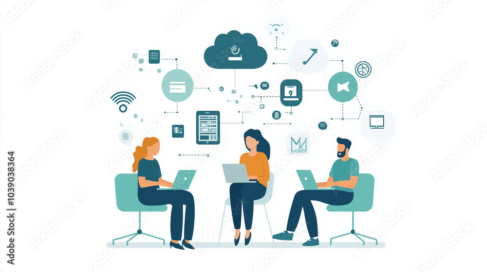 Stylized illustration of professionals connecting through cloud technology, showcasing seamless remote teamwork, digital communication, and modern business collaboration.
