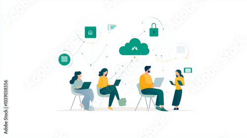 Stylized illustration of professionals connecting through cloud technology, showcasing seamless remote teamwork, digital communication, and modern business collaboration.