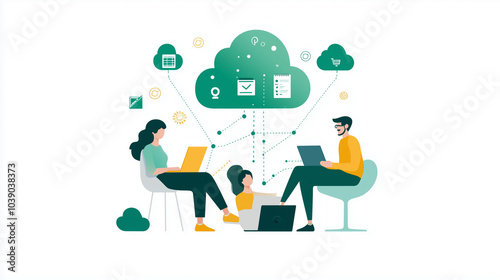 Wallpaper Mural Stylized illustration of professionals connecting through cloud technology, showcasing seamless remote teamwork, digital communication, and modern business collaboration. Torontodigital.ca