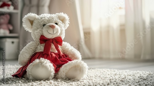  Plush toy bear in cozy baby room setting with soft lighting and red dress on white rug for nursery decor concept