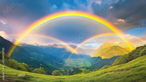 Double Rainbow Arcing Over Lush Mountain Valley