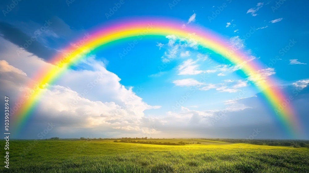 A Rainbow Arcing Over a Lush Green Field With Clouds and Blue Sky A Rainbow Arcing Over a Lush Green Field With Clouds and Blue Sky