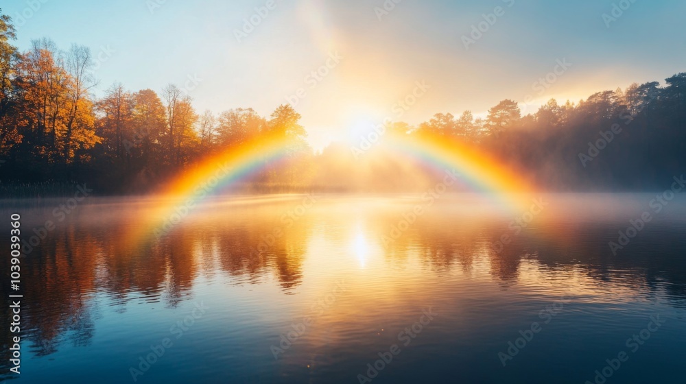 A Rainbow Arcs Over a Misty Lake at Sunset A Rainbow Arcs Over a Misty Lake at Sunset